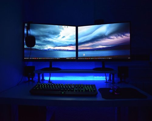 Ergonomic desktop monitor setup reflecting soft room lighting